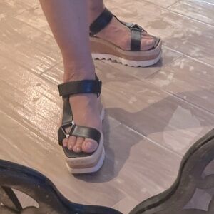 Marc Fisher Black leather wedge sandal with Velcro straps, Size 8M.  (Shoe box)